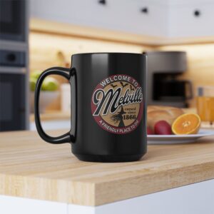 "Welcome To Melville" Double Logo Black Mug — Gothic Horror 15oz Coffee Cup