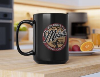 “Welcome To Melville” Double Logo Black Mug — Gothic Horror 15oz Coffee Cup