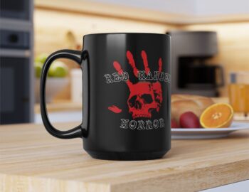 Red Handed Horror Double Logo Black Mug — Gothic Horror 15oz Coffee Cup